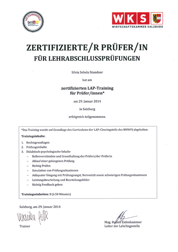 Zertifikat zur zertifizierten LAP Prüferin. 