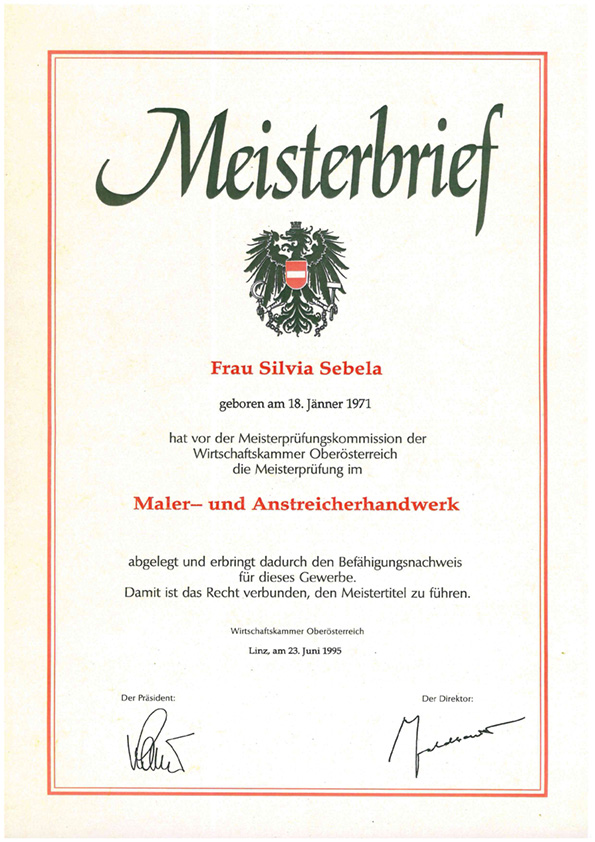Meisterbrief von Frau Silvia Sebela. 