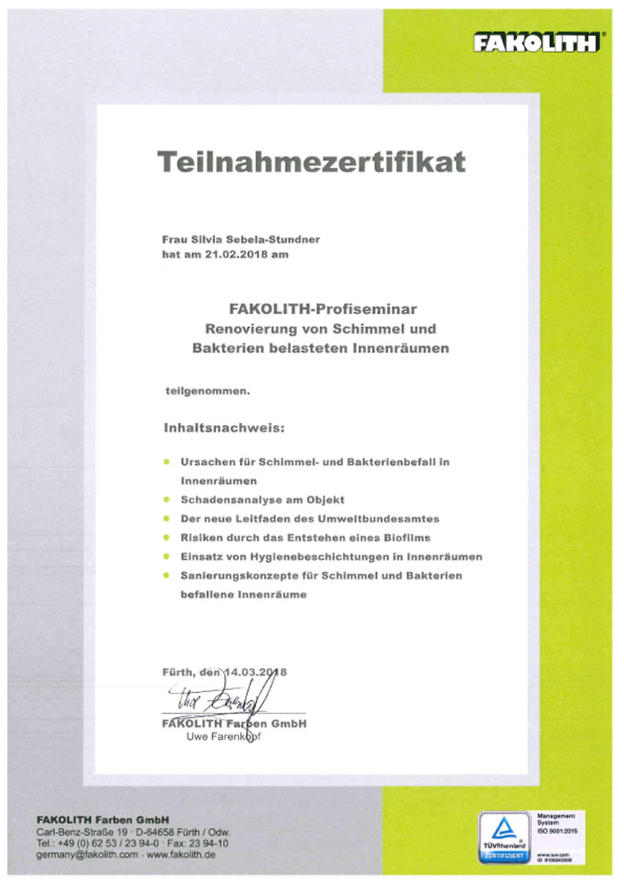 Urkunde zur Teilnahme am Fakolith-Profiseminar 