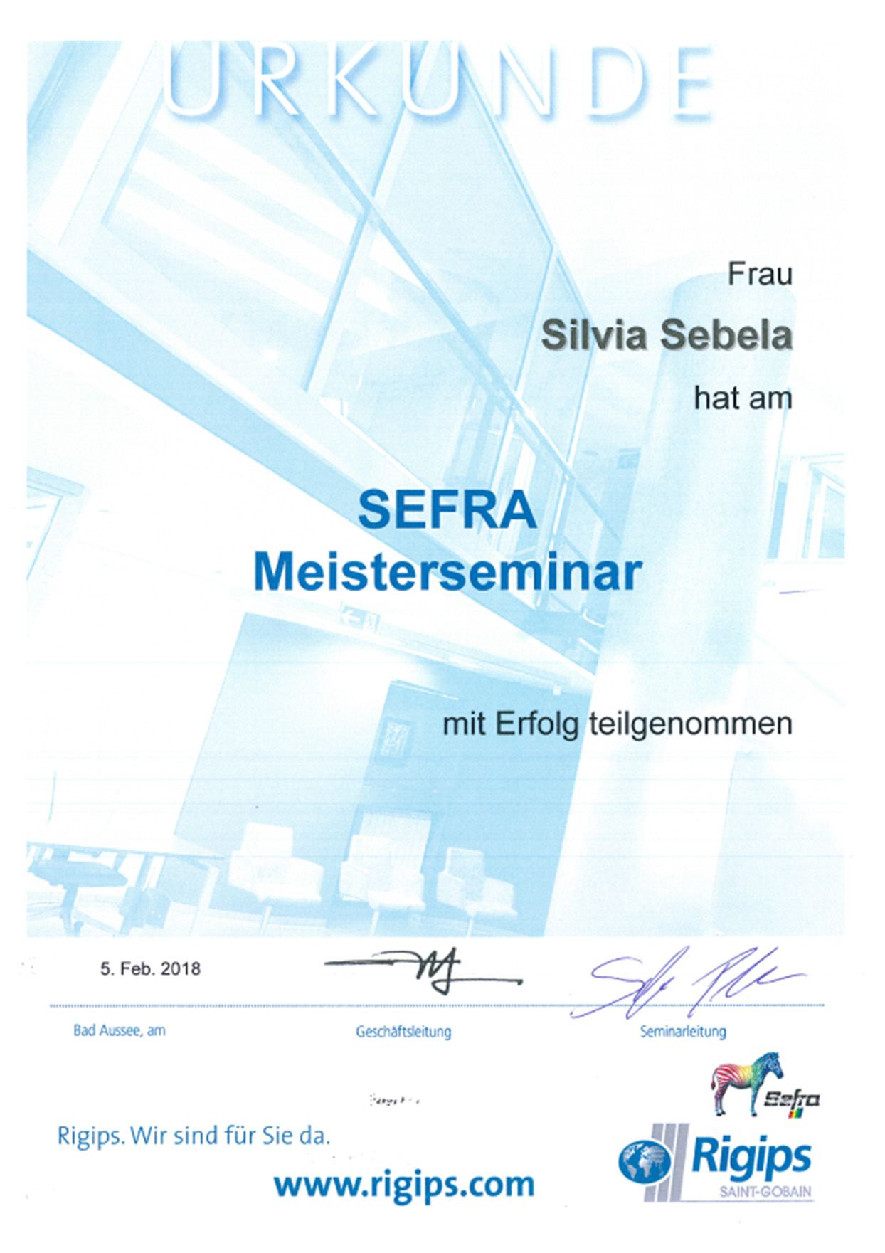 Urkunde zum Sefra Meisterseminar.